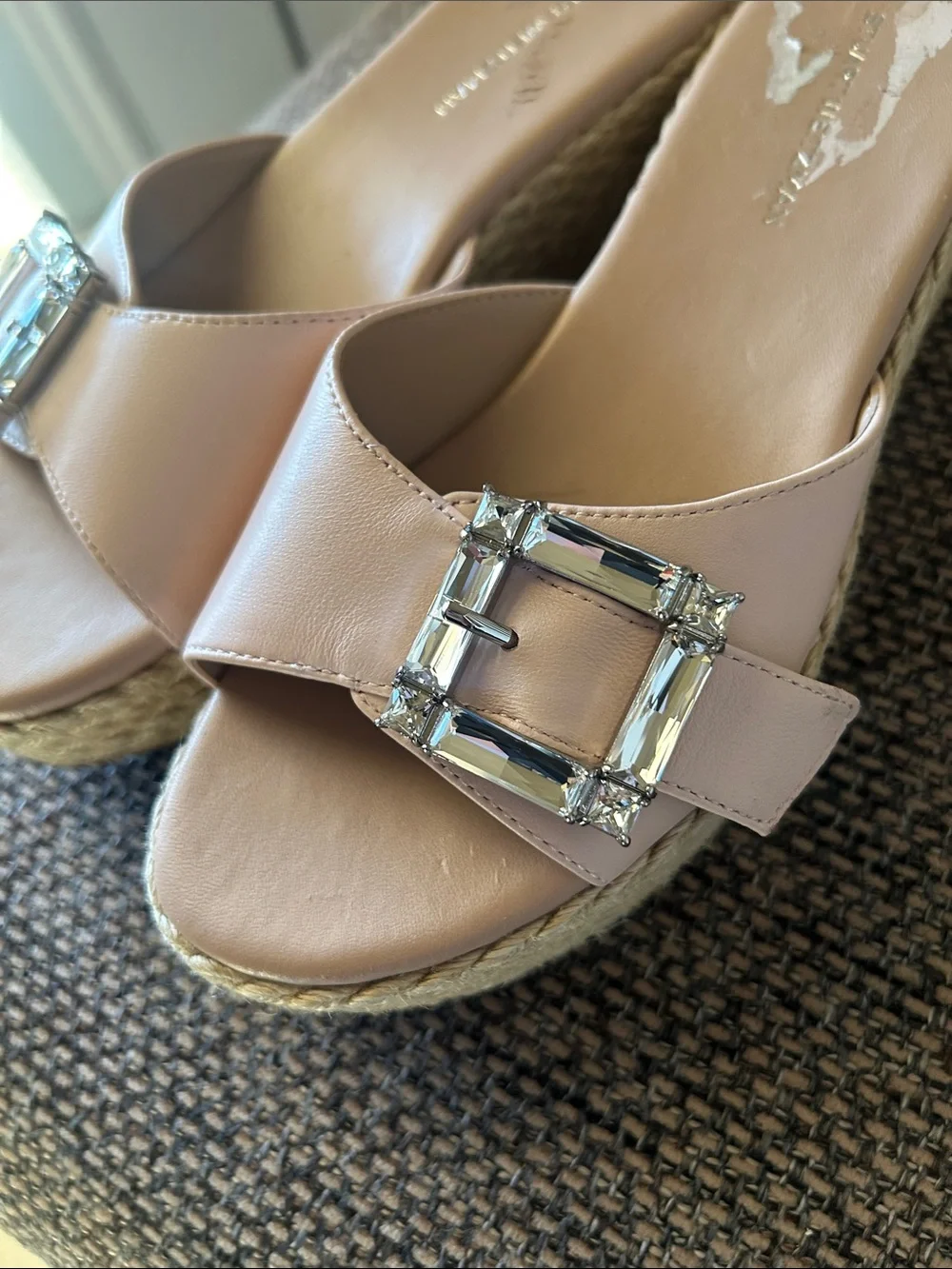 Stuart Weitzman June Crystal Buckle Espadrille Wedge Sandals Blush Pink Resort - Picture 6 of 16